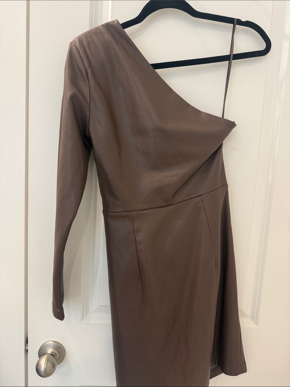 Express One-Shoulder Chocolate Brown Leather Dress